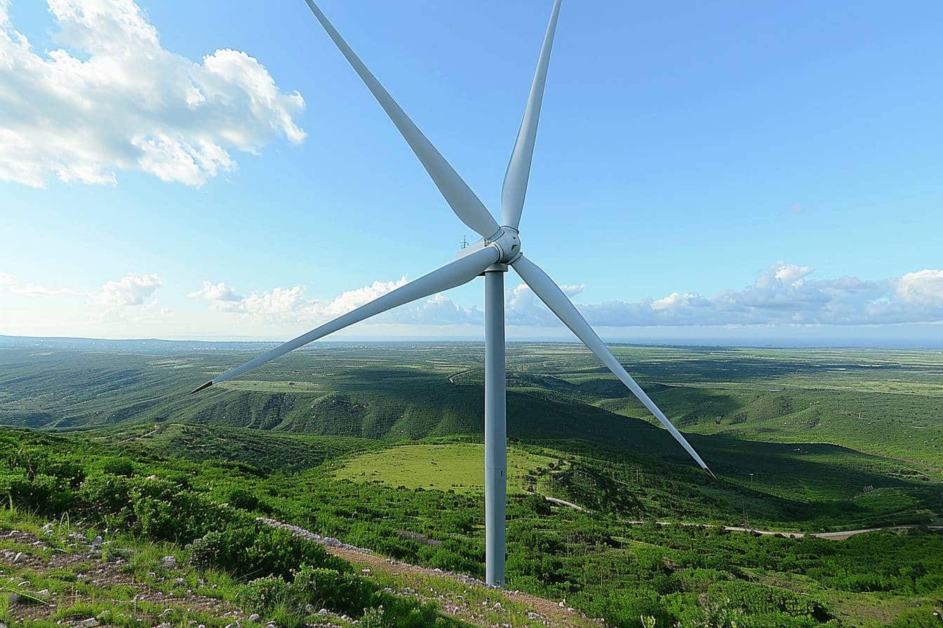 Éolienne en fonctionnement avec ciel dégagé  
Éolienne sur fond de paysage naturel verdoyant