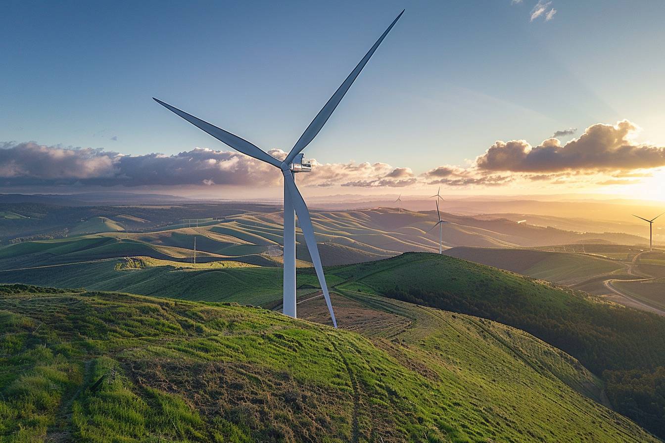 Éolienne en fonctionnement sous un ciel dégagé  
Éolienne tournant avec des nuages en arrière-plan