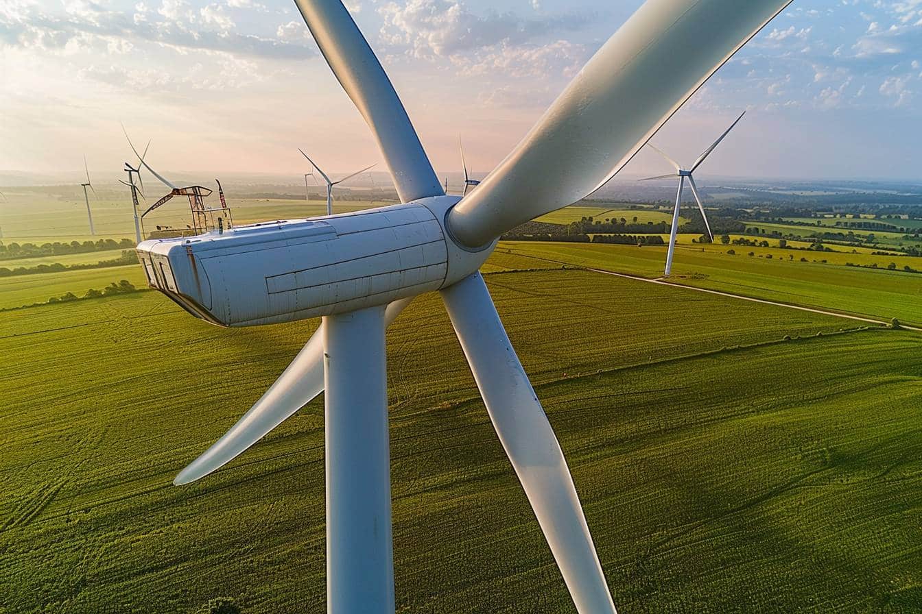 Éoliennes modernes se dressent dans un paysage vaste  
Parc éolien avec plusieurs turbines sous un ciel bleu